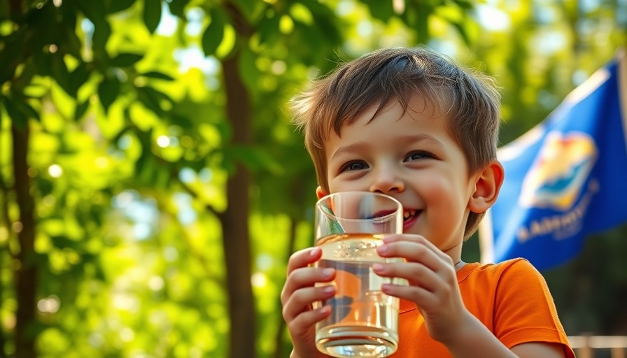 Child holding water with North Dakota flag in the background.