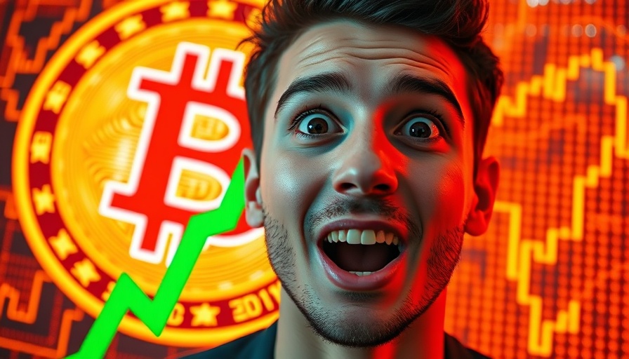 Excited man with bitcoin logo and price increase arrow.