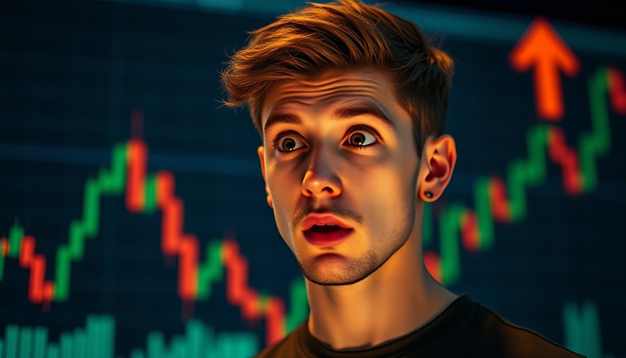 Surprised man observing Bitcoin price chart with candlestick graphs.