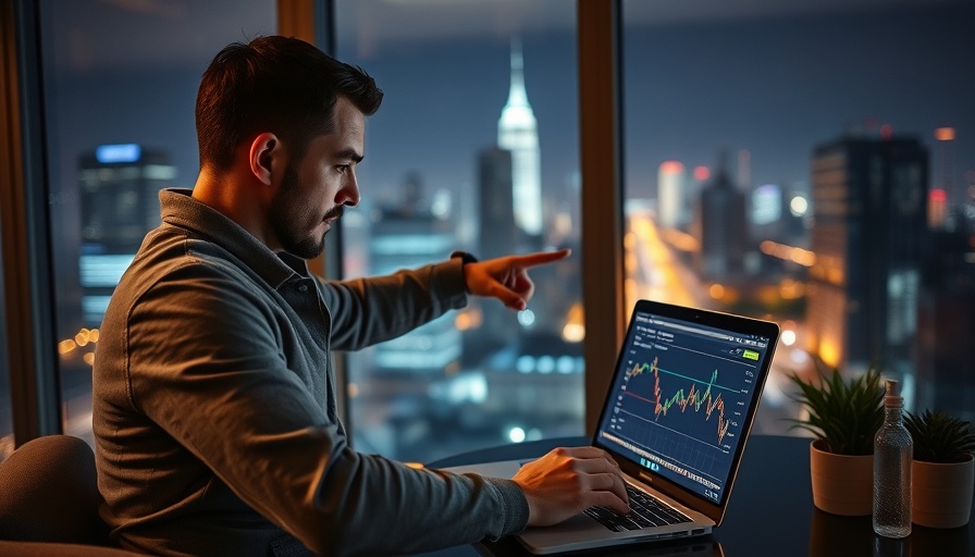 Man analyzing Bitcoin bull flag signals on a laptop in city apartment.