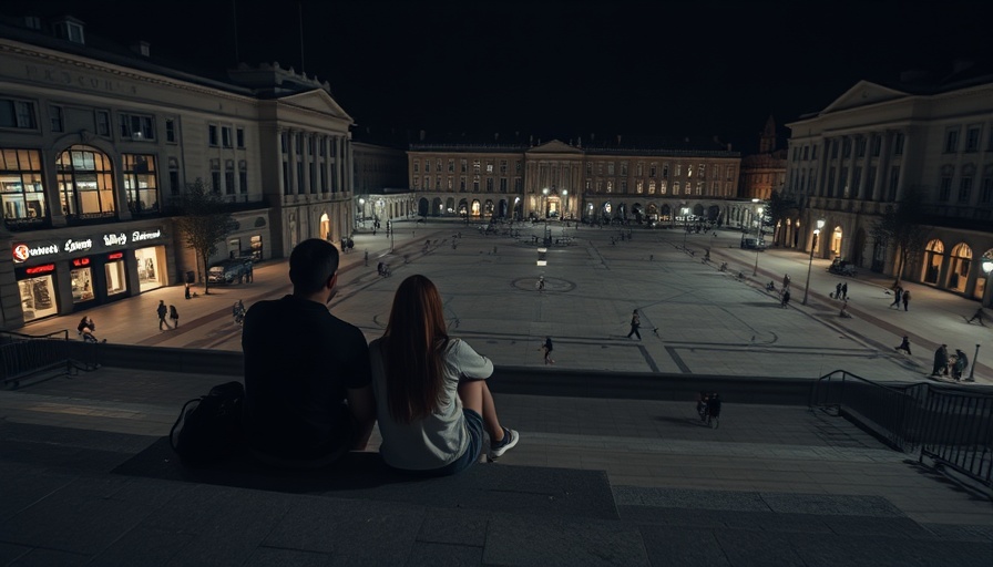 Two people sitting on steps overlooking a plaza, TikTok Duets inspiration.