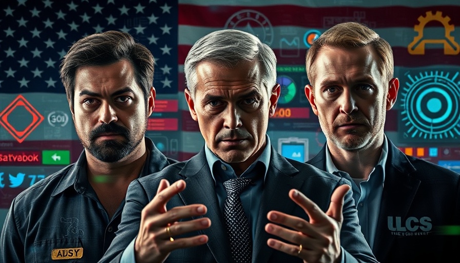 Dramatic portrayal of Big Tech Breakup theme with tech leaders against a backdrop of logos and flag.