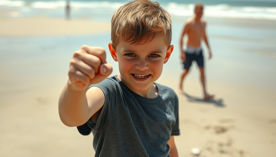 Determined young boy at the beach expressing defiance.
