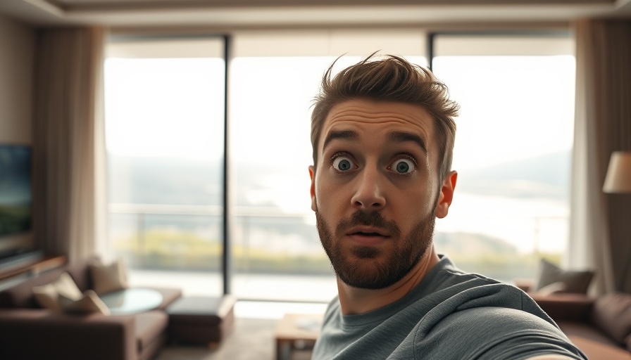 Surprised man in modern apartment, Buy Bitcoin and Ethereum