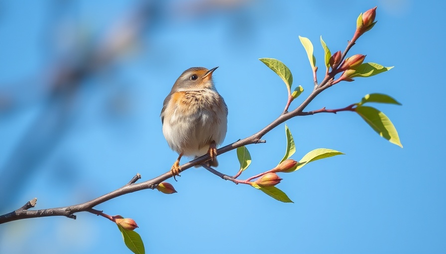 Bird perched calmly on budding branch in clear sky, symbolizing mental health recovery.