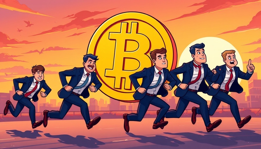 Cartoon businessmen chasing Bitcoin symbol in urgent race.