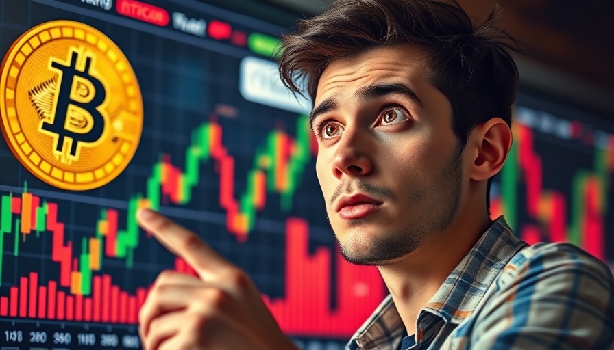 Young man studying market cycle chart, Bitcoin context, intrigued.