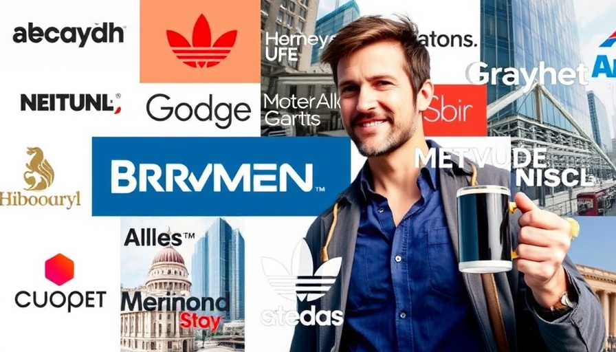 Brand identity development collage with logos and a person holding a mug.