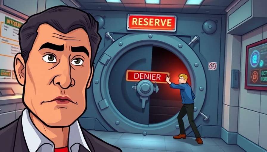 Bitcoin vault cartoon with serious man and denied access.