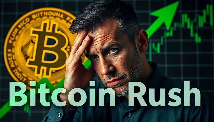 Concerned man with Bitcoin rising graph and 'Bitcoin Rush' text.