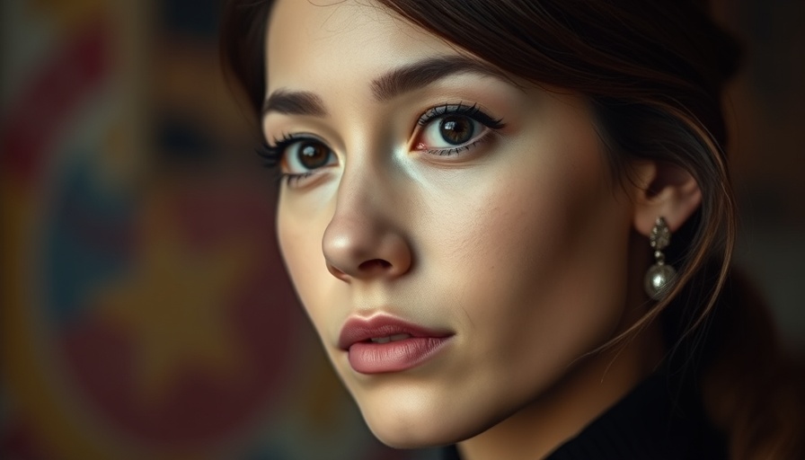 Cinematic close-up of thoughtful woman with blurred background, Bitcoin theme.