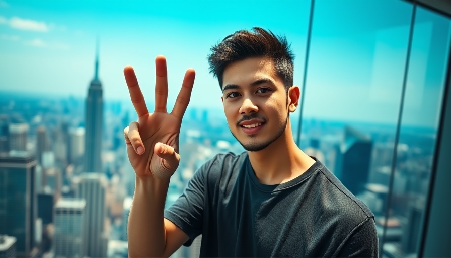 Young man gesturing in front of cityscape, Bitcoin trading strategies.