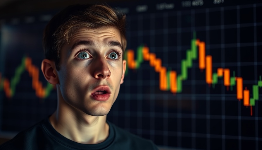 Surprised man reacting to Bitcoin dump trap on chart