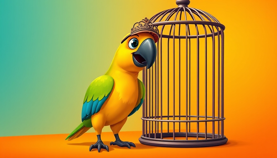 Colorful parrot with cage helmet beside an empty birdcage.