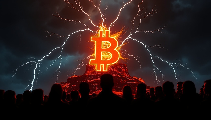 Bitcoin rising with lightning amid dramatic scene.