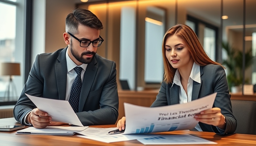 Two professionals discussing financial documents, highlighting difference between bookkeeping and accounting.