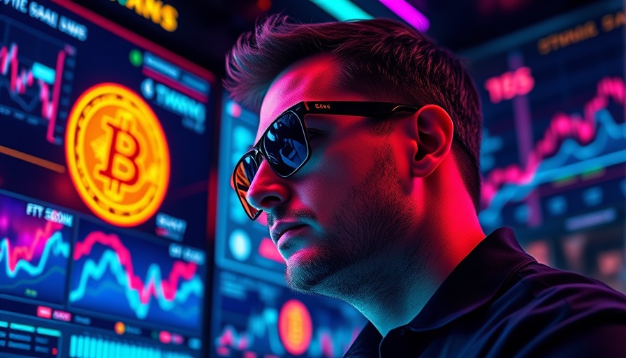 Pensative man with cryptocurrency symbols and graphs, vibrant background.