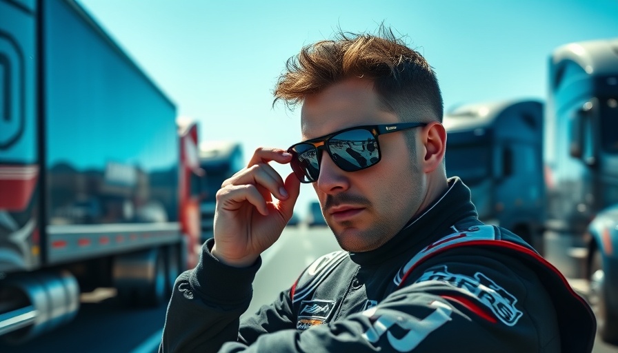 Race car driver adjusting sunglasses by red trucks on highway.