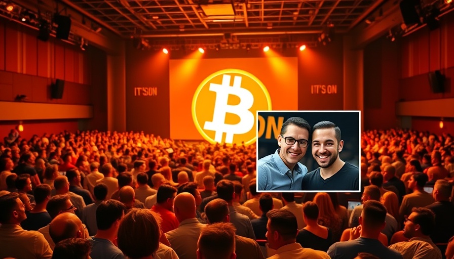 Bitcoin Conference Insights with a vibrant crowd and Bitcoin logo.