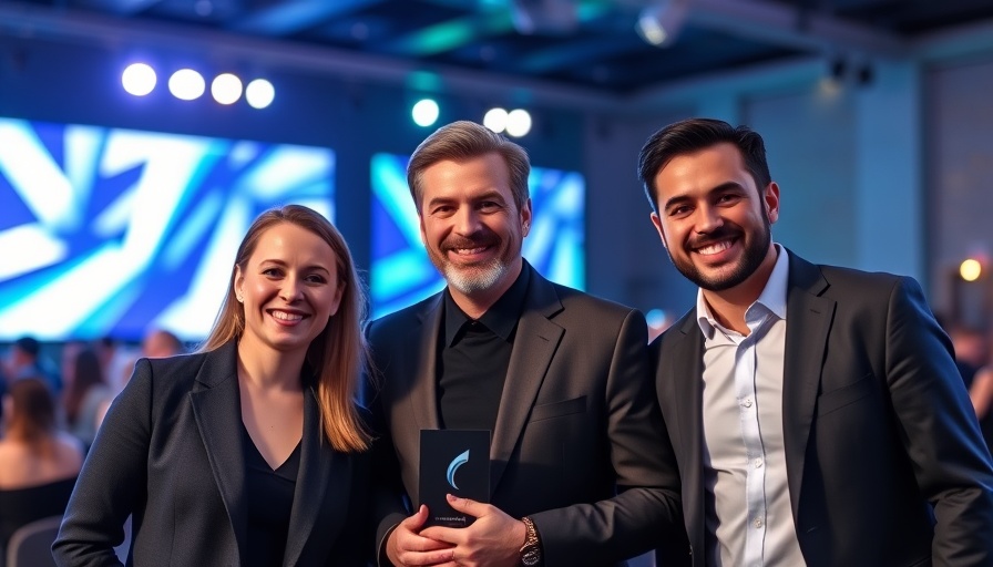 Award ceremony with professionals, UK Digital Excellence Awards backdrop.