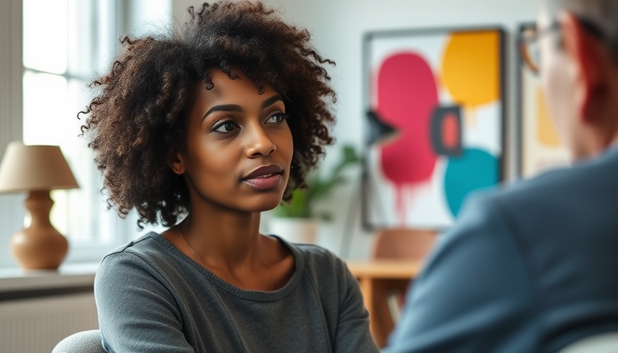 Woman in therapy session expressing attentive listening, conversational therapy.