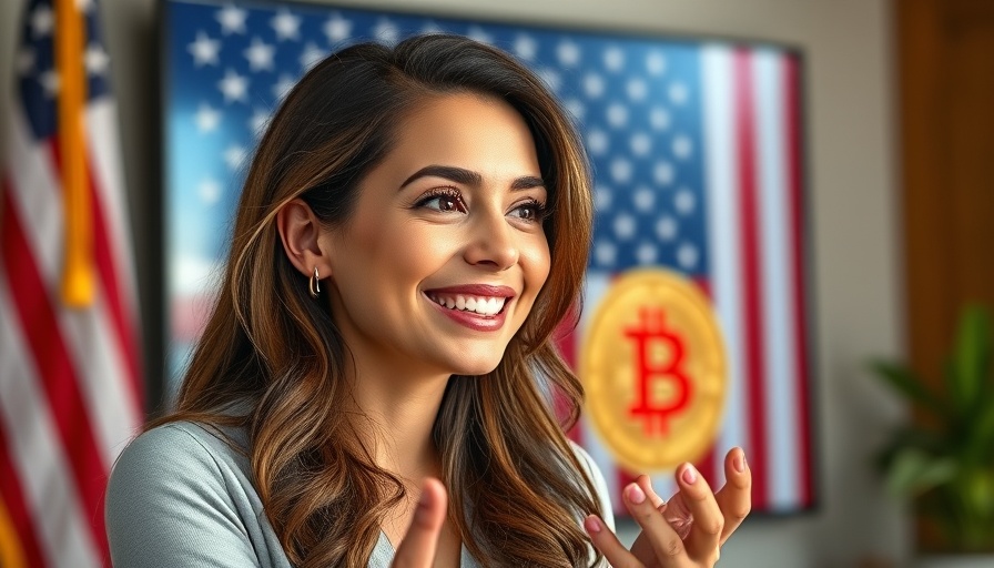 Young woman discussing the concept of backing the U.S. dollar with Bitcoin, with American flag and Bitcoin symbol in the background.