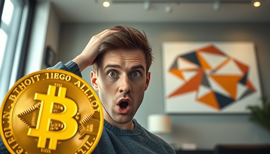 Surprised young man with Bitcoin logo, modern interior, Bitcoin Dump Trap