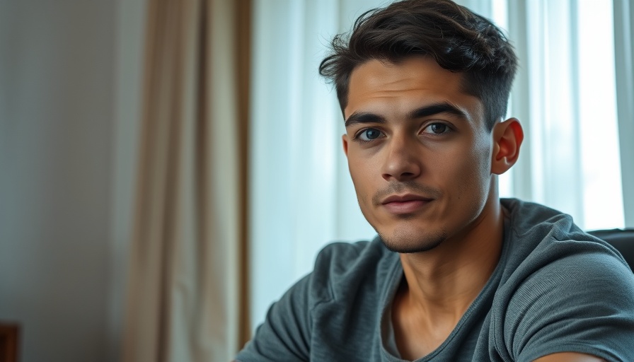 Portrait of a young man indoors, neutral expression.