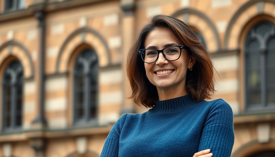 Confident woman in blue sweater outside historic building, employee legal access context.