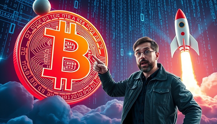 Futuristic Bitcoin scene with space and digital elements, man pointing.