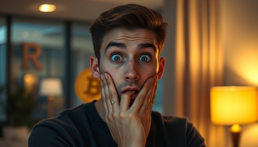 Surprised young man with Bitcoin symbol in warm-lit room.