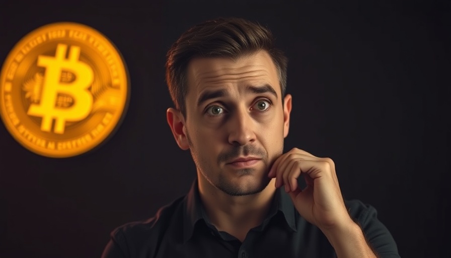 Thoughtful man beside large Bitcoin symbol with dramatic lighting.