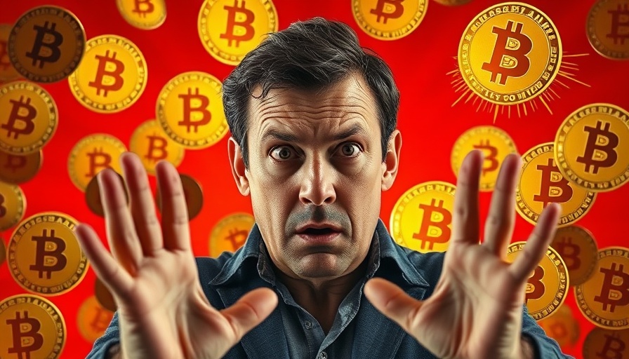 Bitcoin Risk Factors: Concerned man with Bitcoin symbols and warning signs.