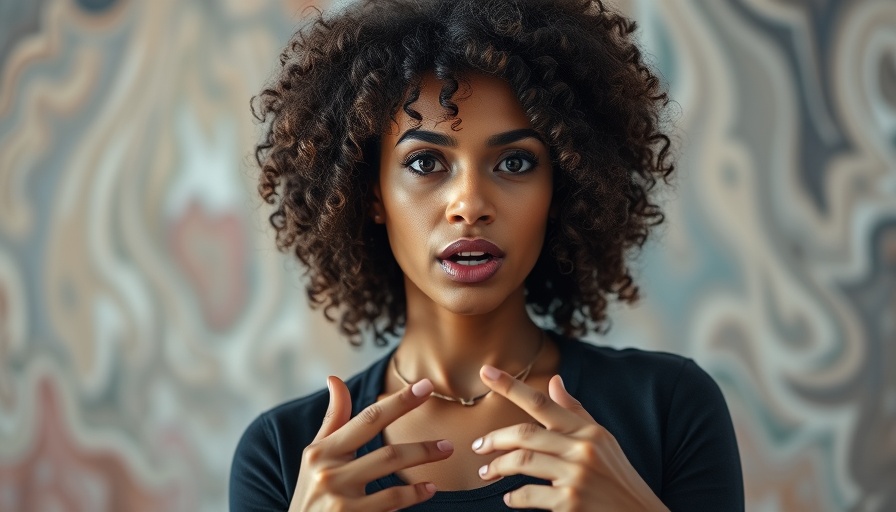 Confident woman expressing emotion against abstract art background.