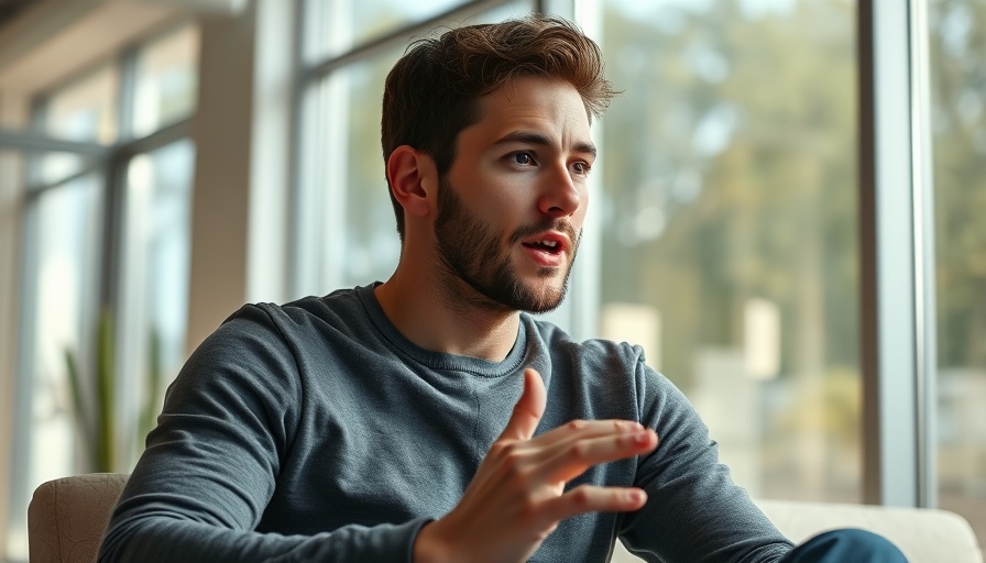 Man discussing mental health support indoors, natural light.