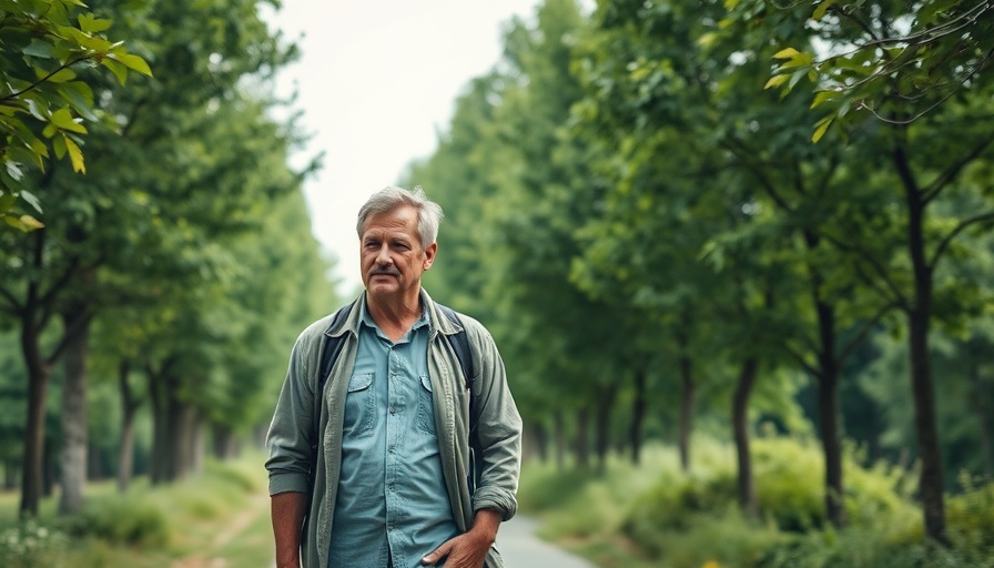 Middle-aged man walking amidst greenery, thoughtful, Bitcoin discussion context.