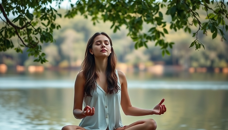 Serene woman meditating for mental health awareness by a lake.