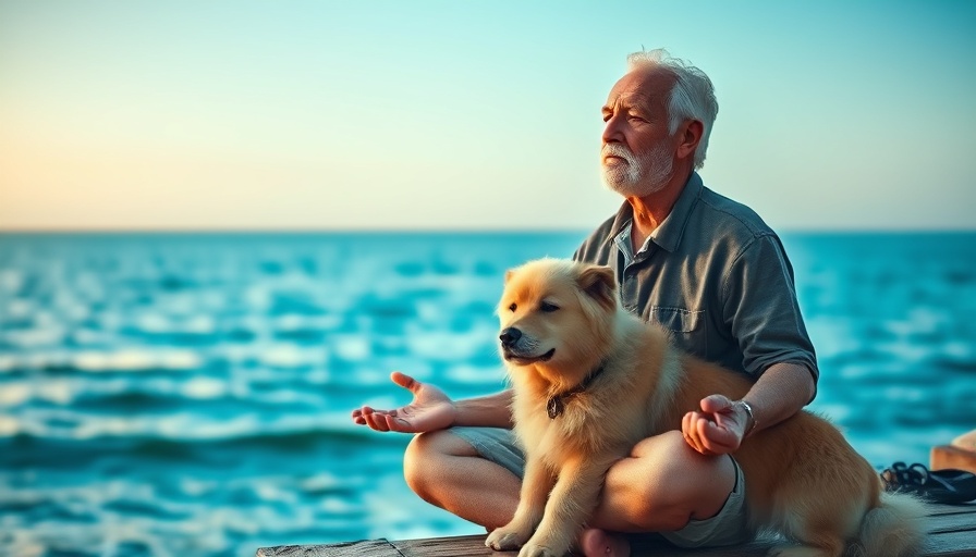 Older man meditating by the sea with dog for mental health awareness.