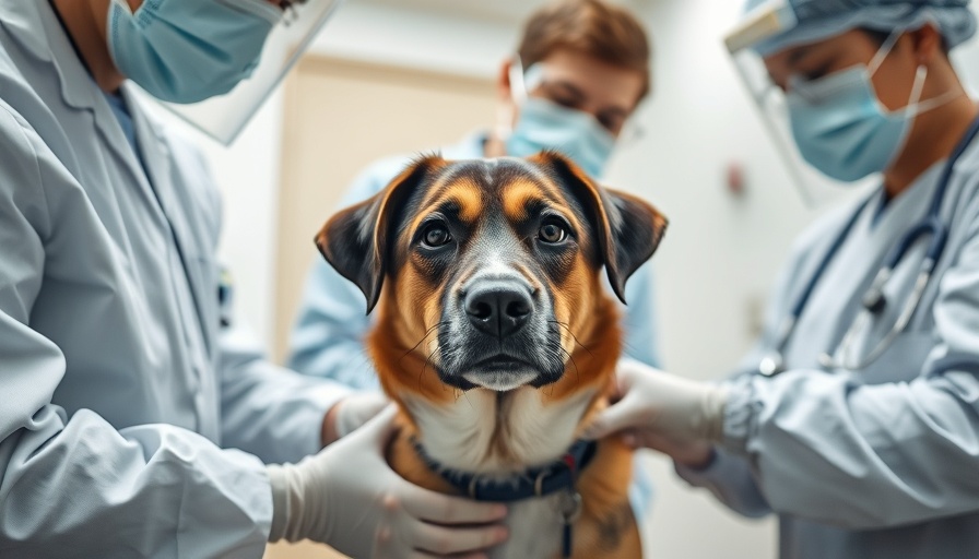 Dog examined by vet and volunteers, clinical setting.