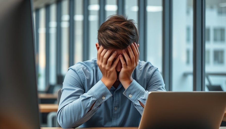 Stressed man with head in hands in office, factors lowering your IQ focus.