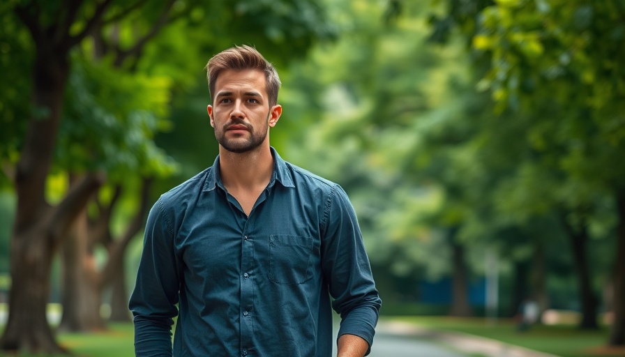 Contemplative man walking in park, lush greenery background