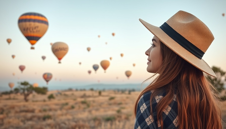 Woman enjoying hot air balloons at sunrise for mental health awareness through traveling.