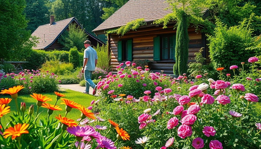 Colorful garden with flowers and man walking, highlighting mental health strategies from wild gardens.