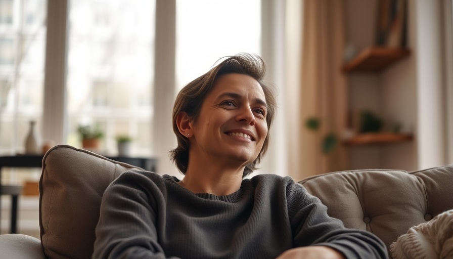 Individual smiling indoors, expressing peace.