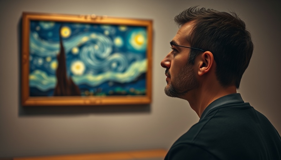 Person observing Starry Night painting, exploring mental health benefits of art.