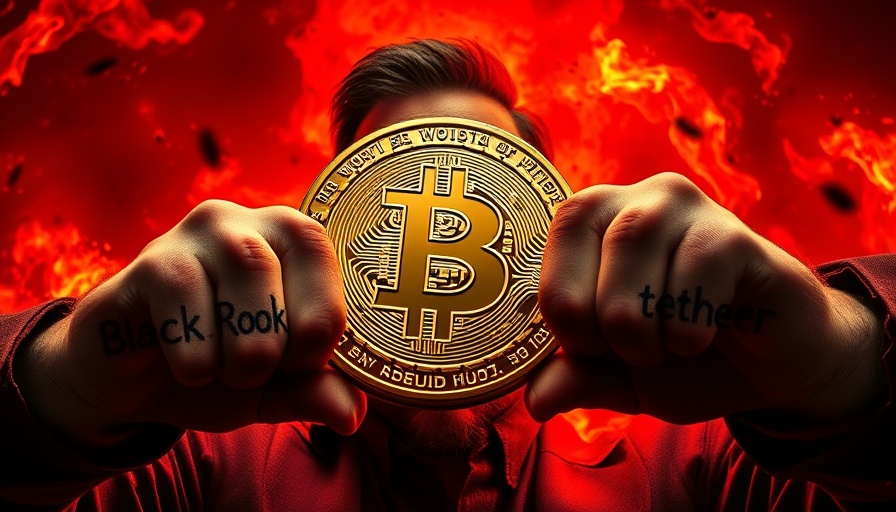 Intense depiction of BlackRock Bitcoin influence with fiery backdrop.
