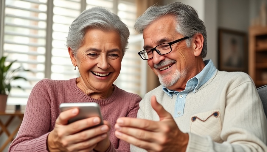 Elderly couple engaging with smartphone, discussing online activities and dementia risk.