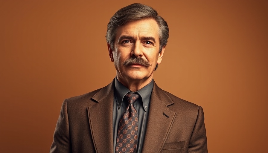 Retro 70s style man in a brown suit with mustache, posing calmly.