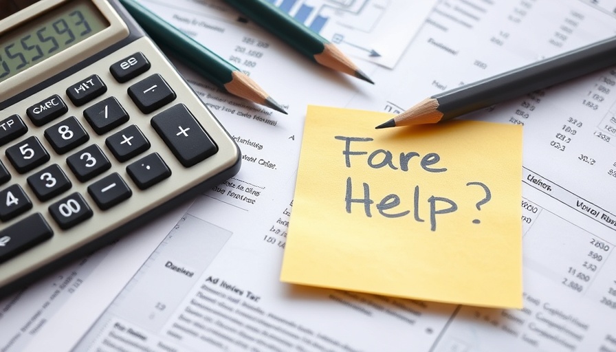 Financial documents with calculator and note asking for help.