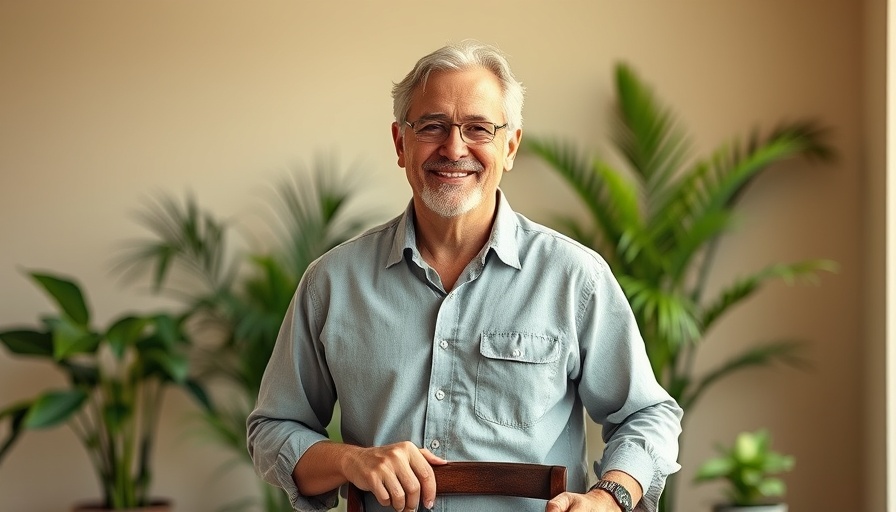 Middle-aged man smiling and standing in a room with plants and chairs.